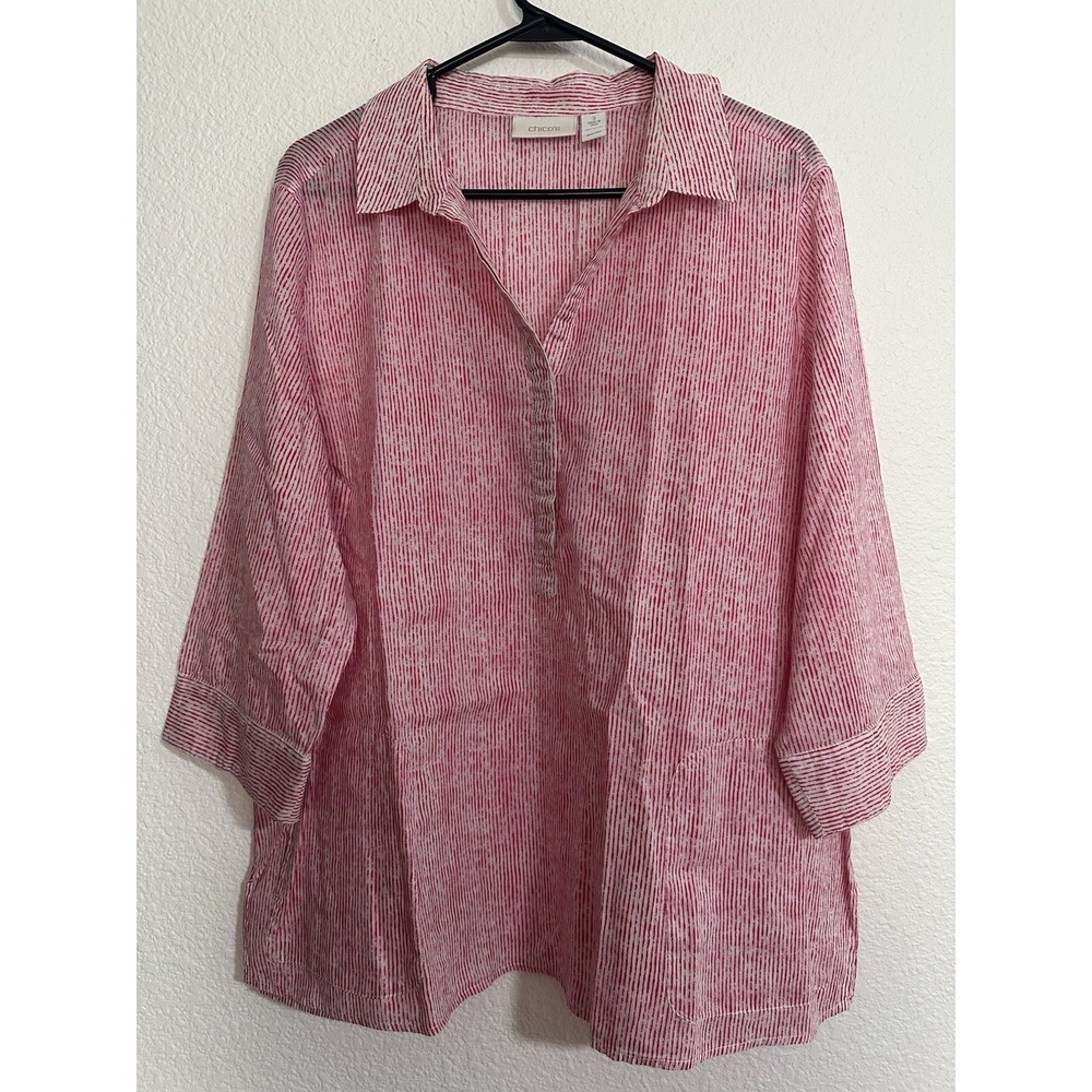 Chicos Poplin Popover Tunic 3 XL Stripe Pockets Button Up 3/4 Sleeve Cotton Pink